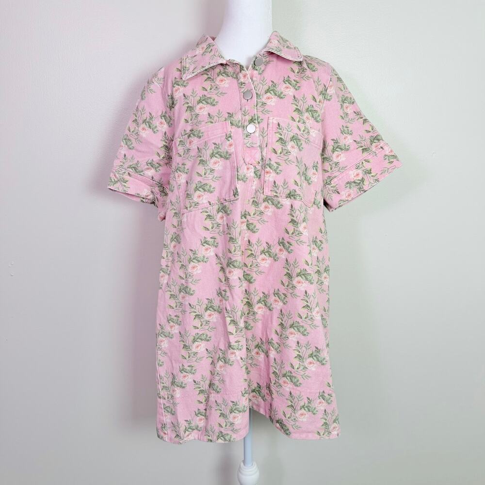 Entro Pink Denim Floral Rose Mini Shirt Dress Women's M Cottagecore Romantic - Picture 2 of 15